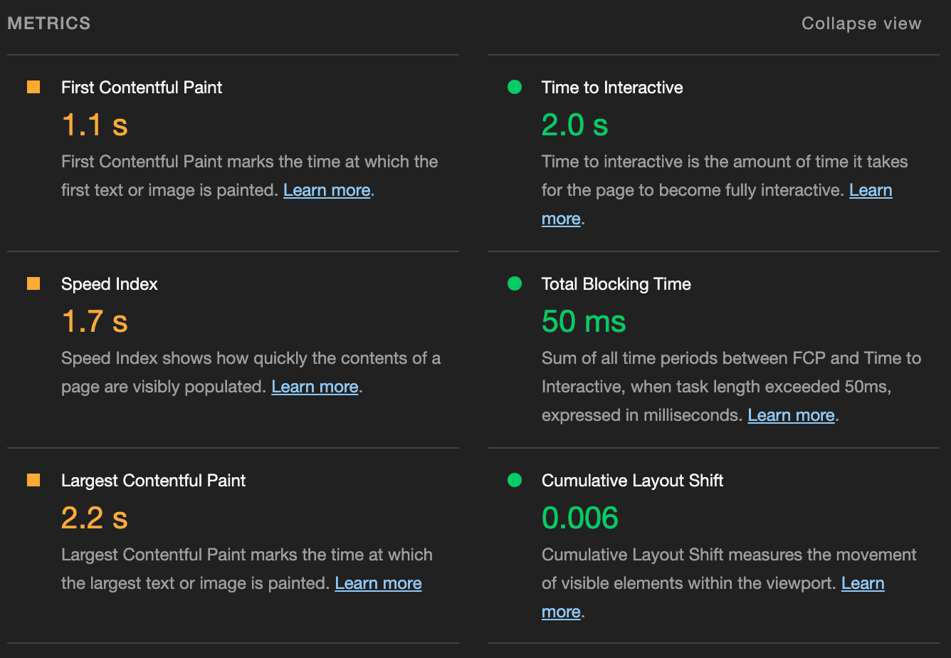 Performance metrics from Lighthouse report