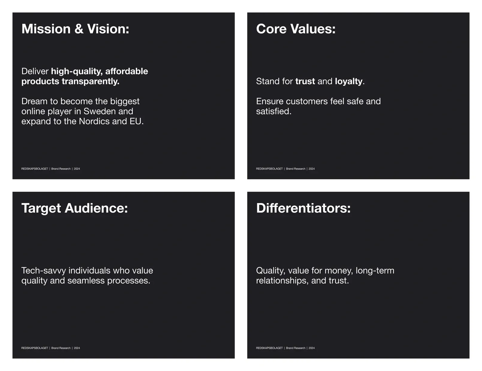 Brand foundation slides outlining mission and vision, core values, target audience, and differentiators used to shape a digital product brand system.