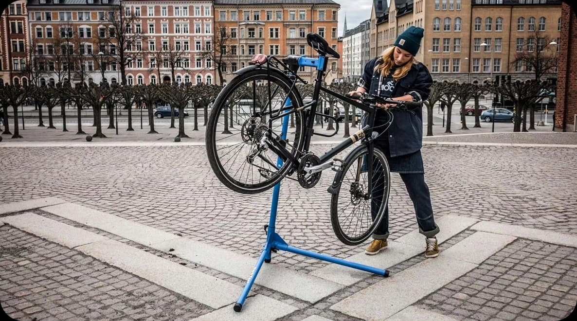 Cyclist working on a bike with repair stand outdoors