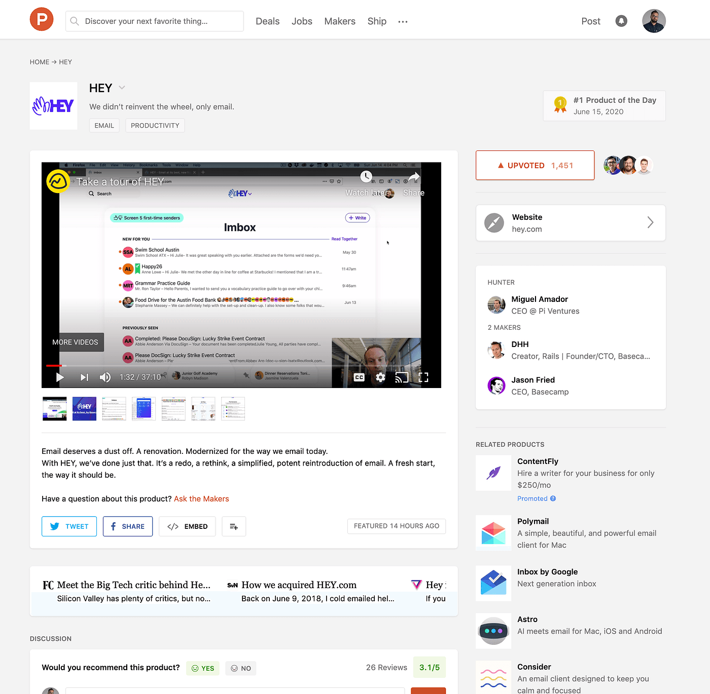 Hey.com on ProductHunt