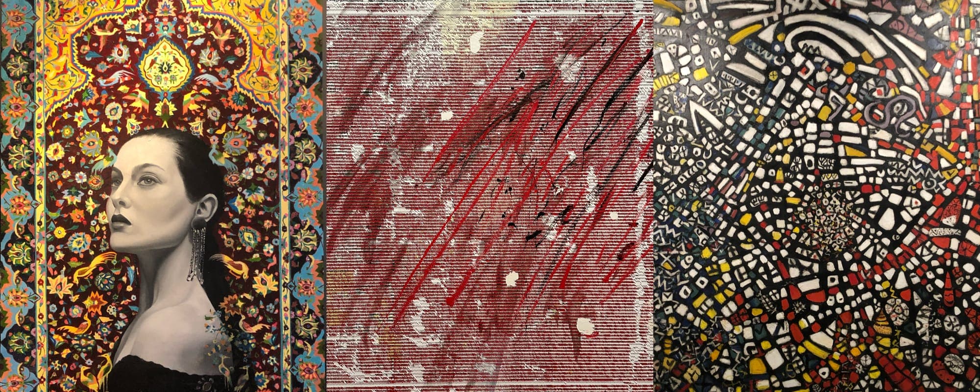 From left to right: Photograph of a black and white portrait by Elnaz Harischi of a woman with a colourful carped in the background / Photograph of an abstract painting by Jacqueline Humphries, Tate Modern Collection / Photograph of an abstract paint